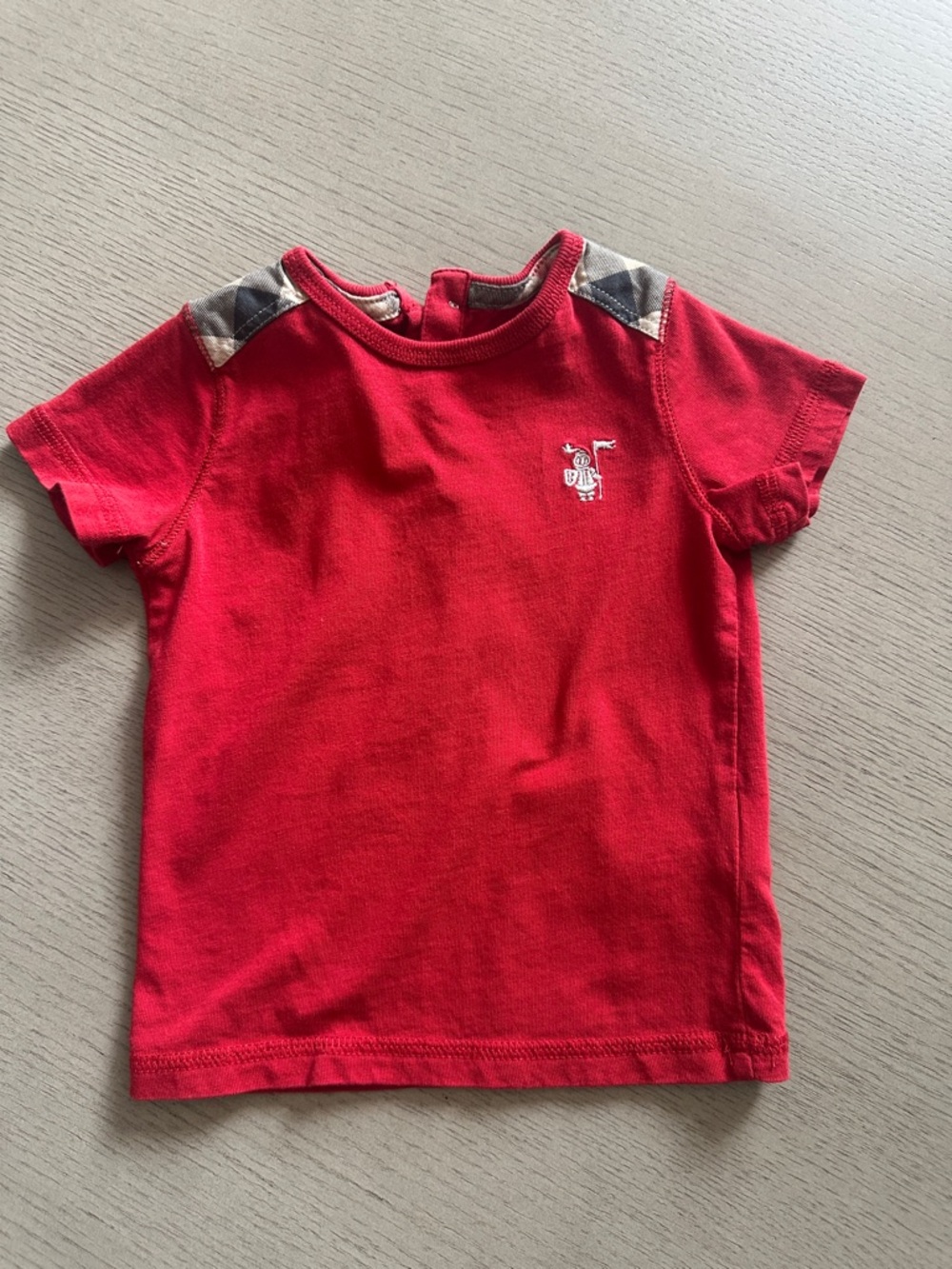 Burberry Red Short Sleeve Tee with Signature Plaid Shoulder Tabs